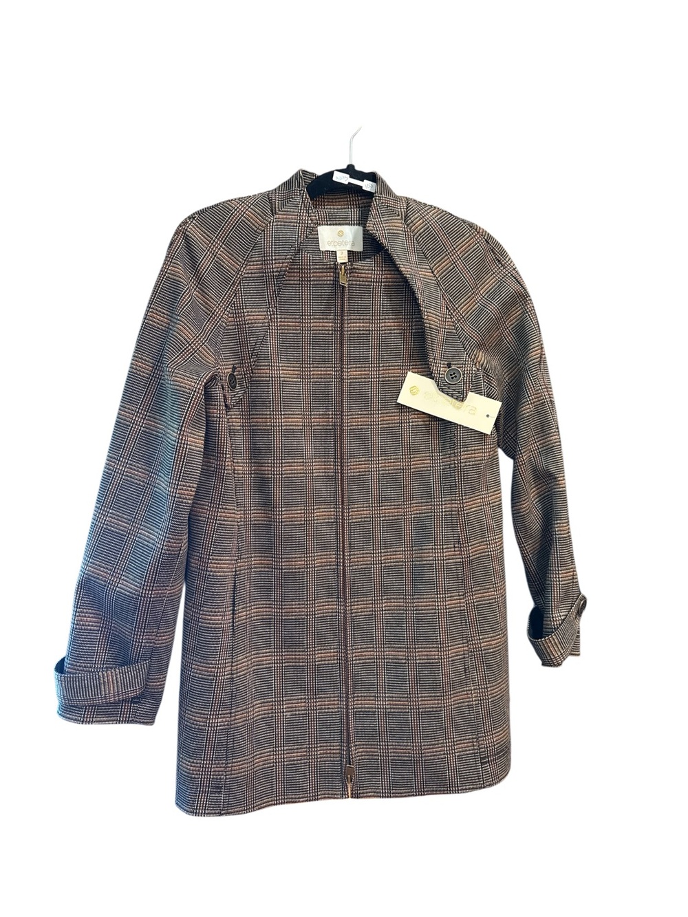 Plaid Zip-Front Coat in Brown/Black